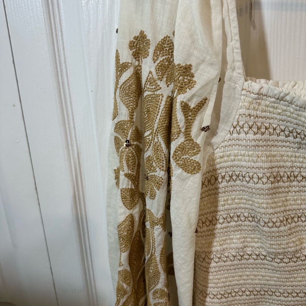 Anthropologie white Womens blouse, with tan embroidery and small brown sequins - Picture 7 of 9